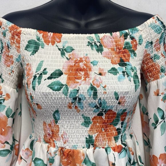 Mimi Chica Floral Off Shoulder Bell Long Sleeve Smocked Top Women Medium Cream - Picture 4 of 12